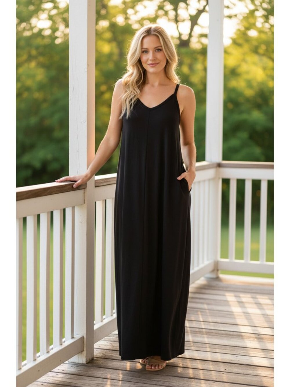 Zenana Side Pocket V-Neck Relaxed Fit Spaghetti Strap Maxi Dress - Picture 3 of 7